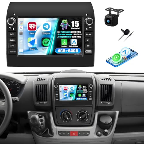 Android 15, 4G+64G GOHHDL Carplay Autoradio per Fiat Ducato 2008-2015/Citroen Jumper 2011-2015/Peugeot Boxer 2011-2015 Carplay Android Auto, Radio da 7 Pollici con GPS WiFi BT FM/RDS SWC Retrocamera