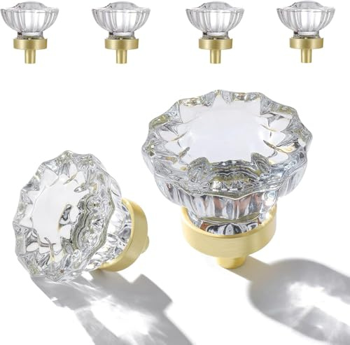 FARDEER 4 Pack 36mm Crystal Drawer Knobs Cabinet Knob Antique Drawer Pulls,Clear Crystal Door Knobs for Cupboard Cabinet Wardrobe Home Decorating (Brushed Gold)