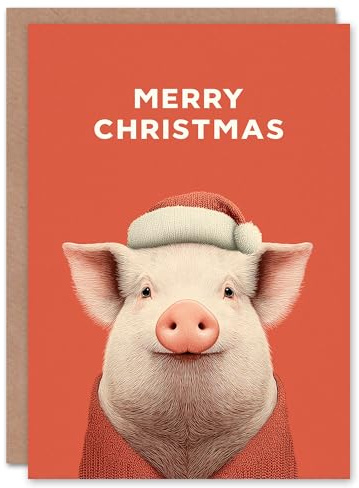 Artery8 Christmas Card Cute Pig Wearing a Santa Hat and Cardigan
