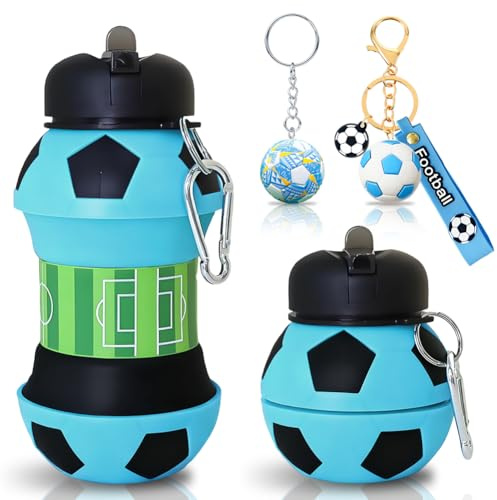 JhavexToy Silicone Football Design Water Bottle for Children and Adults, Durable Eco-Friendly Foldable Silicone Water Bottle, 550 ml, Football Keychain, Light Blue, Suitable for Camping Travel Sport