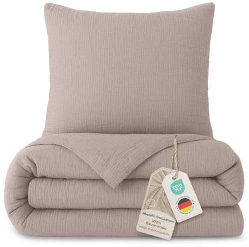 LAYNENBURG Premium Musselin Bettwäsche 135x200 cm + 80x80 cm - Oeko-Tex – 100% Baumwolle – atmungsaktiv & bügelfrei – 3 lagiges Musselin mit Reißverschluss & Haltebändern (Taupe)