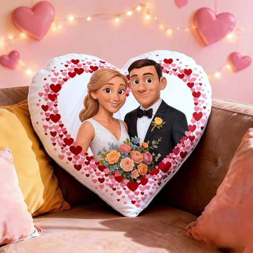 Kissen Personalisiert mit Eigenem Foto, 3D Cartoon Herzkissen Dekokissen, Fotokissen Geschenke für Männer und Frauen, Kuschelkissen Bedrucken Lassen, Geschenk für Ihn Sie zum Valentinstag Jahrestag