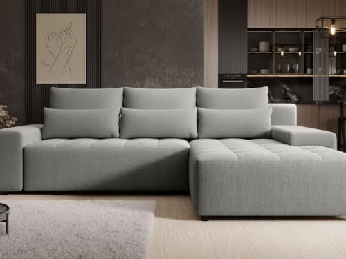 GRAINGOLD Vento Ecksofa mit Schlaffunktion und Bettfunktion, 280x184 cm, L-Form Sofa, Schlafcouch für Wohnzimmer, Geflechtstoff, 3-Sitzer Eckcouch, Ecksofa mit Stauraum (Grau)