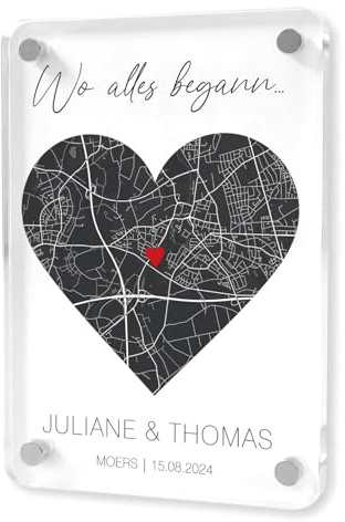 GRAVURZEILE Personalisierter Acryl Kühlschrankmagnet - Wo Alles begann - Karte mit Adresse, Namen & Wunschtext - Geschenk für Paare zum Jahrestag, Valentinstag & Hochzeit