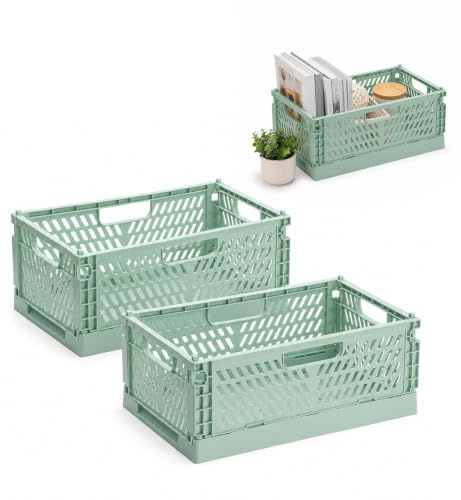 PIANKEKE 2 Pcs Collapsible Storage Box Green, Plastic Stackable Folding Storage Crates with Handles, Foldable Storage Baskets for Office Kitchen Bathroom Desktop, 12 x 7.87 x 4.53 Inch