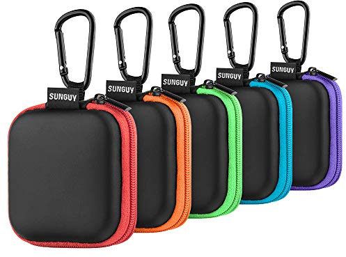 SUNGUY Earbud Case, 5-Pack Small Square Earphones Carrying Case Mini Pouch Storage Bag with Carabiner for Wired In-ear Earphone Earbuds, Bluetooth MP3 Players, Traveling, Everyday Use, School or Work