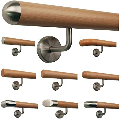 TIBU Buche Geländer Handlauf Treppe Holz Griff gew. Edelstahlhalter, Länge 30-500 cm aus einem Stück/Variante:290 cm mit 4 Halter Halbrunde Kappe