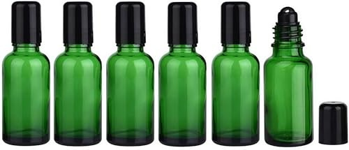 6PCS Empty Portable Green Glass Roll on Bottles With Stainless Steel Ball and Black Cap For Perfume Essential Oil Roller Bottles Vial Container Pot Jar Attar Bottle (50ml)