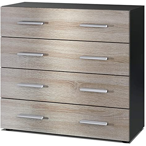 Vladon Sideboard Pavos, Kommode mit 4 Schubladen, Schwarz matt/Eiche sägerau (76 x 72 x 35 cm)