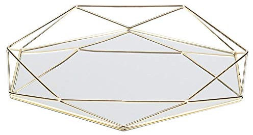 Cafopgrill Gold Spiegel Tablett, Schmuckablage Bad Sexangle Spiegel Metall Gold Kosmetik Schmuckablage Organizer Tablett Box Platte(Gold)