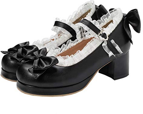 Mary Jane Damenschuhe Pumps mit Blockabsatz und Riemchen 5cm Absatz Rockabilly Schuhe(Schwarz,39)
