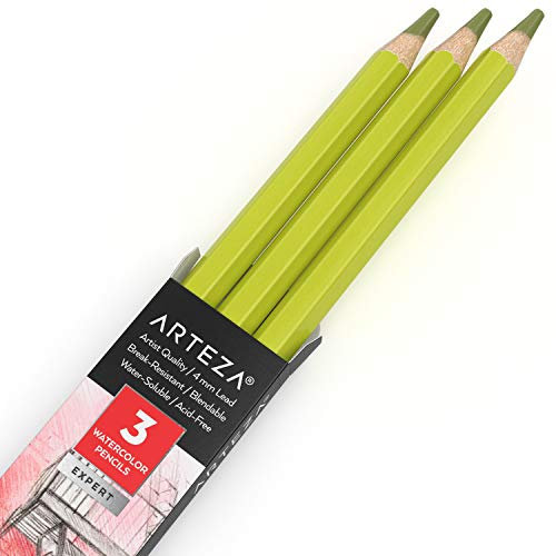 ARTEZA professionelle Aquarell Buntstifte 3er-Pack, A100 Grüne Birne, wasservermalbare Stifte für Aquarellmalerei, Farbmischung, Schichtung, Künstler Aquarellstifte zum Ausmalen