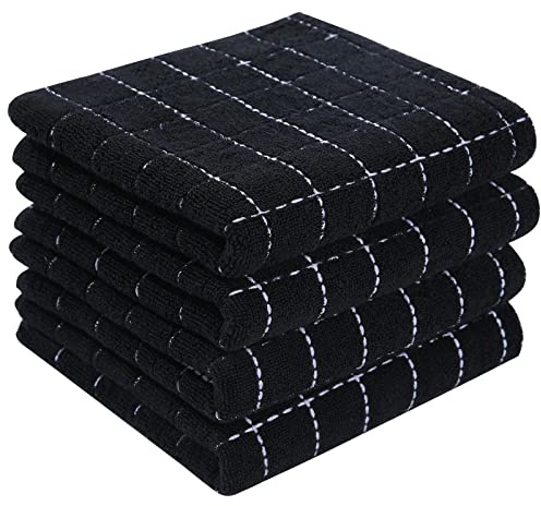 Homaxy 100% Cotton Terry Kitchen Towels(Black, 13 x 28 inches), Checkered Designed, Soft and Super Absorbent Dish Towels, 4 Pack