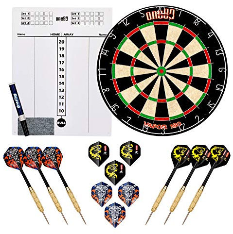 ONE80 Dartscheibe mit klammerfreiem Bullseye für maximales Punktepotenzial und weniger Abprallen, große Anzeigetafel, 6 Steeltip Darts mit Schäften und Flights