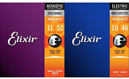 Cordes Elixir® en Bronze 80/20 pour guitare acoustique avec revêtement NANOWEB®, Custom Light (.011-.052) & Cordes Elixir® pour guitare électrique avec revêtement NANOWEB®, Light (.010-.046)