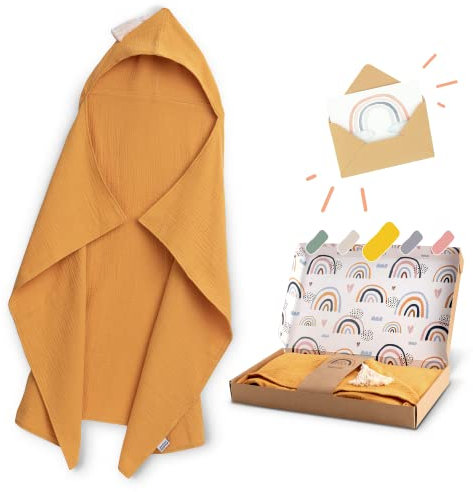 Räuberella® Kapuzenhandtuch-Baby in Senf-Gelb I 75x100cm I Musselin-Badetuch-Baby aus 100% Bio-Baumwolle I Saugfähiges Babyhandtuch mit Kapuze I Badehandtuch-Geschenkset inkl. Verpackung & Karte