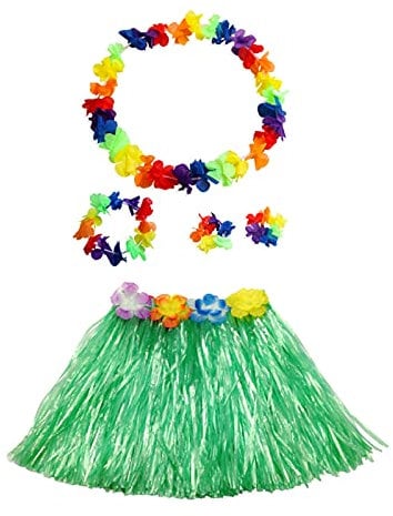 duoyif Hawaiian Hula Rock Kostüm Set, 5Stück Gras Hula Rock mit Blumenkette, Hawaii Outfit Party Kostüm Für Karnevals Aloha Party Geburtstags Cheerleading Halloween Für Kinder Damen Herren 40cm (Grün)