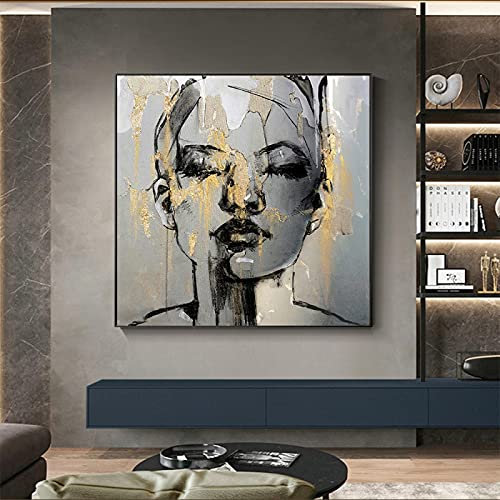 Abstrakte Poster und Drucke Figur Goldenes Mädchen Gesicht Leinwand Gemälde Mode Frauen Quadratisch Wandkunst Bild für Raumdekoration 80 x 80 cm mit Rahmen