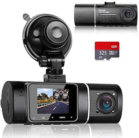 Abask J05 Dashcam Auto Dual 1080P Infrarot Nachtsicht Dash Cam Vorne Innen mit 32GB SD-Karte, 310° Weitwinkel, Autokamera mit Parküberwachung und Bewegungserkennung, G-Sensor, HDR, Loop-Aufnahm, Akku