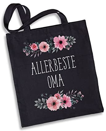 Tassenbrennerei Baumwolltasche blumig mit Spruch Allerbeste Oma - Einkaufstasche, Jutebeutel als Geschenk für Großmutter (Schwarz)