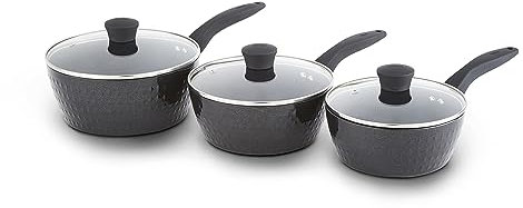Tower T900131 Diamo 3 Piece Cookware Set, 18cm/20cm/22cm Saucepans with Tempered Glass Lids, Black Diamond Non-Stick Ceramic Coating, Black