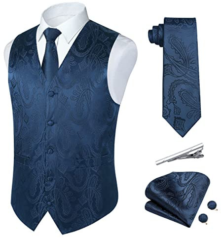 Rithern Herren Weste Paisley Floral Jacquard Seide Krawatte Einstecktuch Taschentuch Set mit Manschettenknöpfen und Krawattenklammer Set für Hochzeitsfeier Anzug Weste Set Navy blau XXL