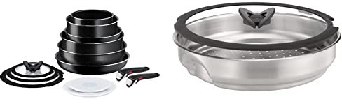 Tefal Ingenio Easy ON Pots & Pans Set, 13 Pieces, Stackable, Removable Handle, Space Saving, Non-Stick, Non Induction, Black, L1599243 & Ingenio Stainless Steel Steamer with Glass Lid
