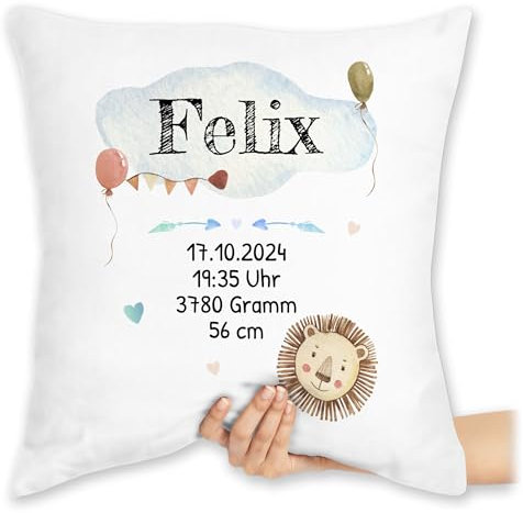 Kissen 40x40 Zierkissen - Geburtsgeschenk Baby Geschenk zur Geburt Junge Löwe - 40 x 40 cm - Weiß - personalisierte Babygeschenk neugeboren Pillow geburtskissen Neugeborene Geschenke babygeschenke