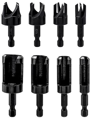 Bestgle 8pcs 1/4 Shank Wood Plug Cutters - 4 Straight and 4 Tapered Plug Cutters, Taper Cutting Tool, Cork Drill Bit