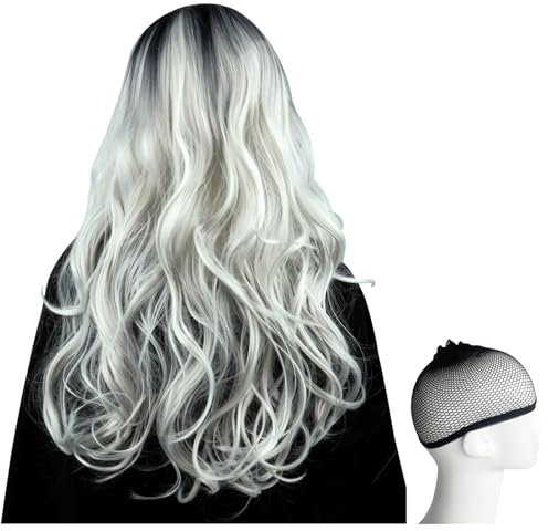 BOFUNX Damen Perücke Lange Gewellt Perücke Grau mit Haarnetz Silber Grau Lang Lockig Perücke Synthetische Lockige Perücken für Fasching Karneval Halloween Mottoparty Cosplay