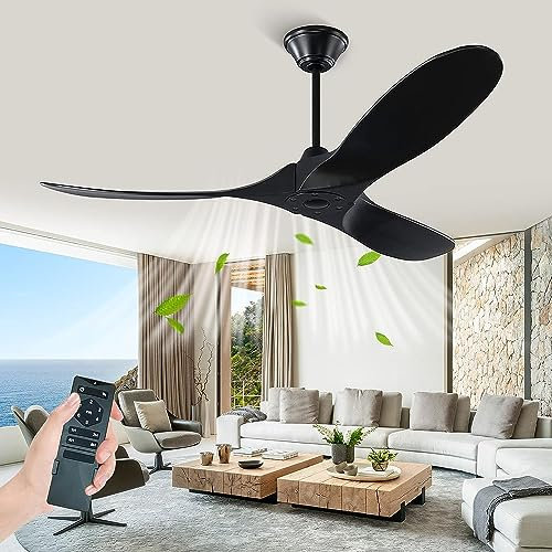Modern Wooden Ceiling Fan without Light 60 Inch Outdoor Ceiling Fans with Remote Control, Smart Low Profile Ceiling Fan Reversible Quiet DC Motor Ceilings Fan for Bedroom Living Room Exterior Patio