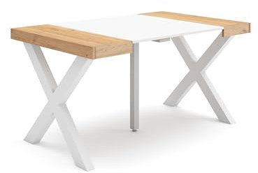 Skraut Home | Table Console Extensible | Console Meuble | 140 | pour 6 Personnes | Pieds Bois Massif | Style Moderne | Chêne et Blanc