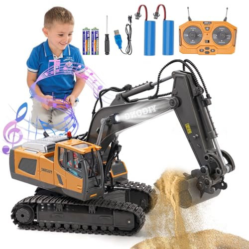 Daioller Excavatrice télécommandée à partir de 6 Ans, Jouet d'excavatrice RC Pelle en métal, Rotation à 680 °, lumière et Effets sonores, Jouet Digger Enfants 7 8 9 10 11 12 Ans