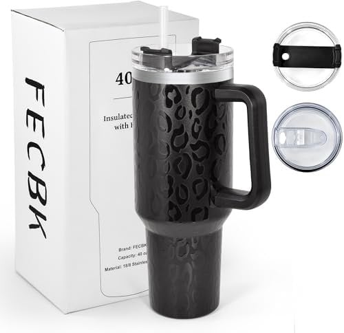 FECBK 1,2L Kaffeebecher to Go Thermobecher Doppelwandig Edelstahl Vakuumisoliert Auslaufsicher Trinkbecher mit Deckel und Strohhalm 40 oz Tumbler Cup, Vollschwarz Leopard