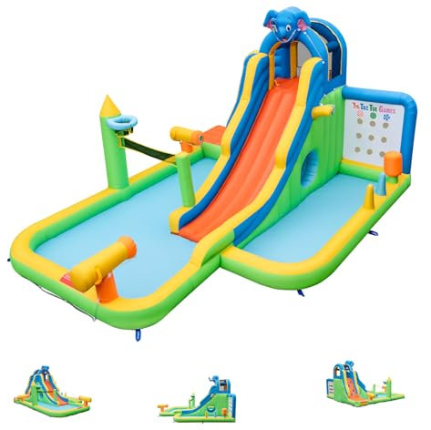 LIFEZEAL Aufblasbares Schloss mit Rutsche & Pool, Kletterwand, Wasserkanone, aufblasbare Struktur Elefantenmotiv für Kinder 3-10 Jahre, Belastung von 45 + 45 kg, 378 x 469 x 250 cm (ohne Gebläse)