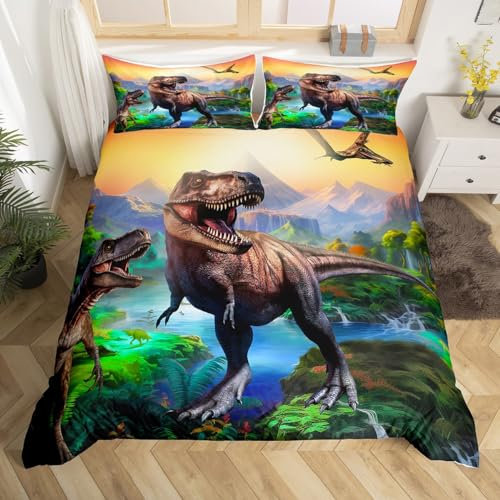 Homewish Kids Dinosaur Single Duvet Cover Set Teenage Boy Cartoon Jungle Dino Bed Set,3D Ancient Animals Quilt Cover Dinosaur Room Decor for Boys, Bedding & Linen With Zipper, 1 Pillow Case