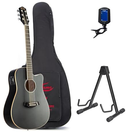 Red Hill Westerngitarren Set, DCE-S Black 2, inklusive Gitarre, Ständer, Gigbag, Stimmgerät, Ideal für Westerngitarrenliebhaber