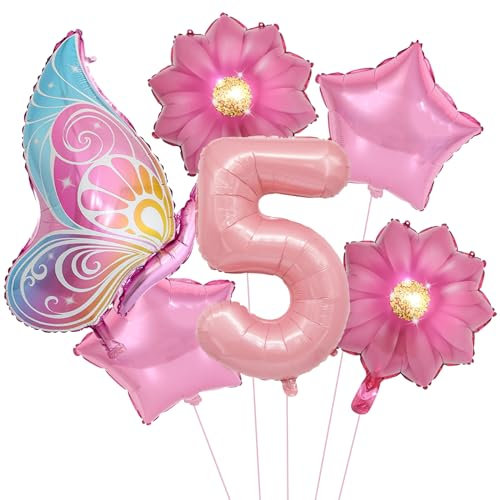 VIKY® Schmetterlinge Deko 5 Geburtstag Mädchen, Folienballon Schmetterling Deko Luftballon 5. Geburtstag Mädchen, Geburtstagsdeko 5 Jahre, Schmetterling Folienballon 5 für Kindergeburtstag Deko