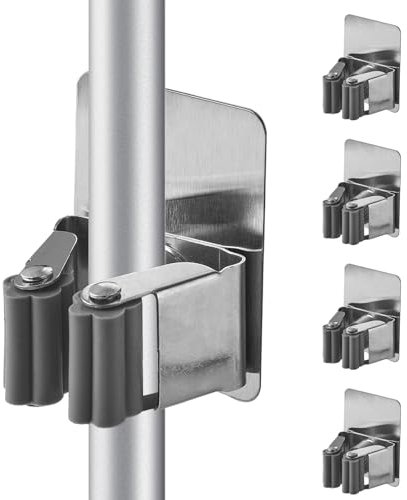 Cokshy Appendi Scopa da Muro, 4 Pezzi Porta Scope Parete in Acciaio Inossidabile Portascope da Muro Adesivo Appendibile Senza Perforazione per Cucina Bagno Ripostiglio Giardino Garage (Grigio Chiaro)