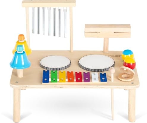 Classic Cantabile 12 in 1 Percussion Schlagzeug Musiktisch - Set für Kinder und Babys ab 1 Jahr - Montessori Kinderspielzeug - Musikinstrumente aus Holz - Für Kleinkinder mit Glockenspiel & Trommeln