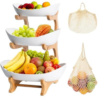 Frutero de plásticos de 3 Piso, Ensalada de Frutas con Soportes de Madera para Decoración de Cocina, Verduras,Cocina, Hogar, Autocaravana