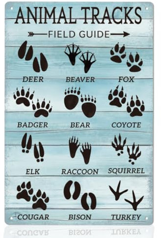 WEBEEDY Letrero de metal vintage con diseño de pistas de animales, incluye ciervo, zorro, oso y más, decoración de caza, decoración retro para colgar en la pared para el hogar, bar, pub, baño, garaje,