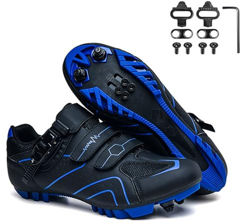 Surwin Fahrradschuhe Herren Damen, Nylonschnalle Atmungsaktive MTB Schuhe Herren rutschfest Fahrradschuhe, MTB Schuhe Sports & Outdoor Shoes mit 2 Anti-Rutsch-Spikes (Blau,47)