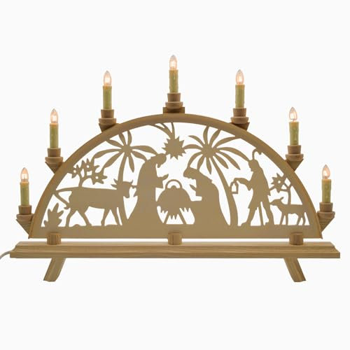 Erzwelt - Lichterbogen DBR55 – Schwibbogen aus Holz – Leuchtbogen mit 7 Kerzen – Original Erzgebirge Fensterbogen – handgemachte Weihnachtsdeko – Motiv Maria & Josef – 55 x 37 x 5 cm