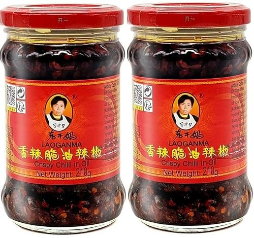 Lao Gan Ma Crispy Chilli Oil 210g (Pack of 2) – Laoganma Spicy Chilli Crisp Hot Sauce Jar - Savoury Crunchy Texture | Authentic Chinese Umami Condiment for Noodles, Rice, Stir-Fries and dips