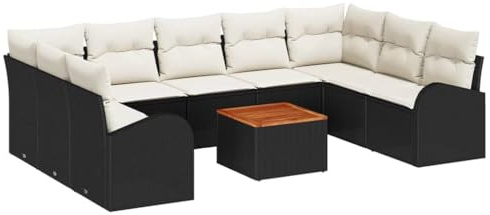 vidaXL 10-teiliges Garten-Sofa-Set mit Kissen in Schwarz und Creme aus Poly Rattan – Modularer Couchtisch für die Terrasse zum Chillen
