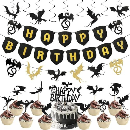 Wasise Dragon Decorations - 19PCS Fourth Wing Birthday Decorations, Happy Birthday Hanging Banner Swirls Cupcake Toppers Set, Fantasy Themed Dragon Decor for Birthday Shower Party Supplies