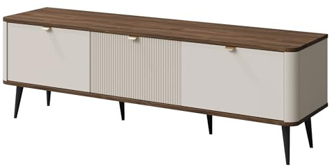 Mirjan24 TV-Lowboard Rotevio 3K RT13 mit 3 Türen und Staufächern, Fernsehschrank, TV-Kommode mit abgerundeten Seiten, TV Sideboard (Cashmere + Nuss)