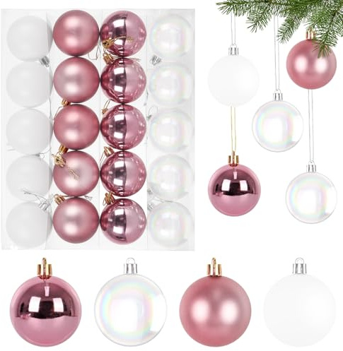 6CM Perlglanz Weihnachtskugeln Set,20 Stück Christbaumkugeln Kunststoff Roségold & Weiß Weihnachtsbaumkugeln Bruchsicher Weihnachtsdeko mit Aufhänger Weihnachten Deko Kugeln