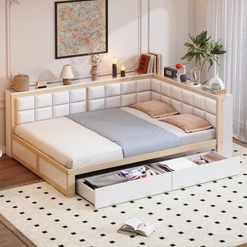 Dolamaní Daybed-Tagesbett 140x200 cm Holz mit Stauraum Schubladen und Polster Rückenlehnen für 2 Person Jugendliche Erwachsene Gäste, Doppelbett Jugendbett (Natürlich+Weiß B)